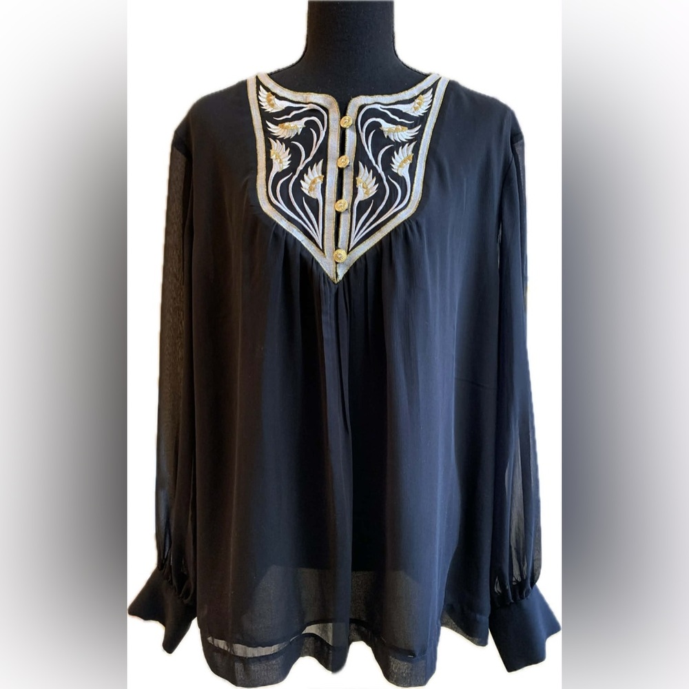 Bob Mackie Wearable Art Black Blouse with Gold and White Embroidery Size XL